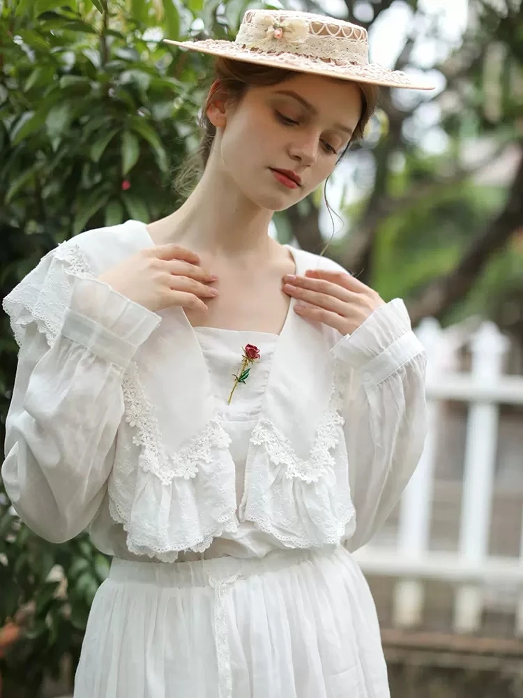 

118cm Bust Spring Summer 2024 Women Elegant Loose Embroidered Mori Kei Girl Comfortable Cotton Linen Blouse/Shirts