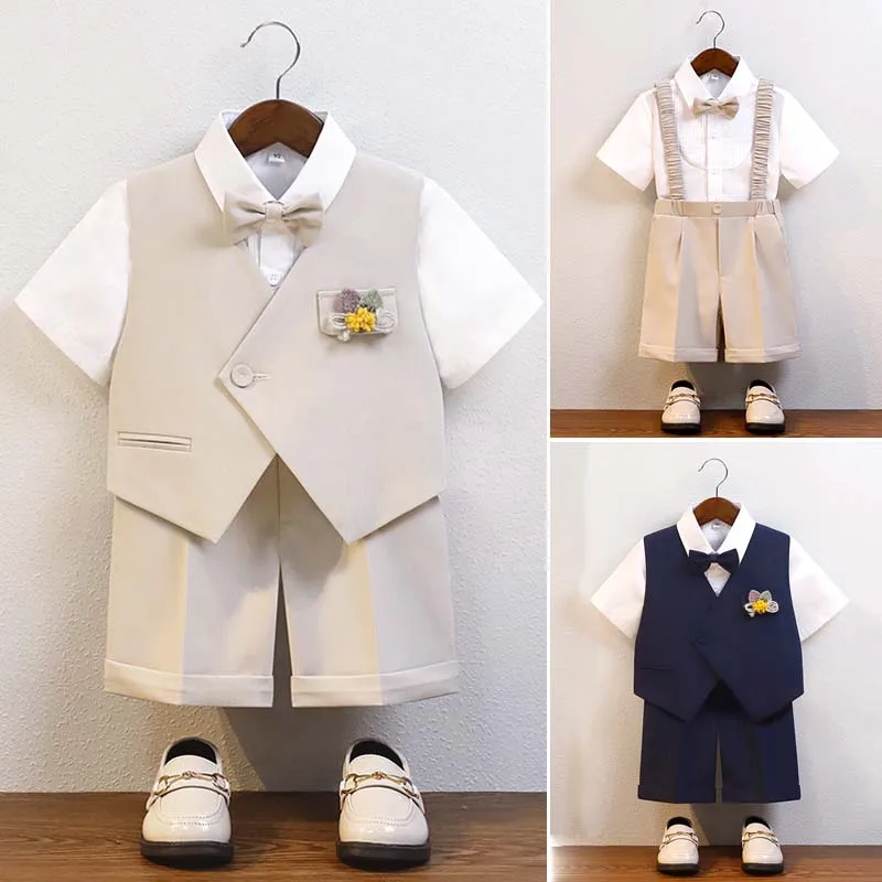 

Summer Toddler Suit Handsome Suspender Trousers Vest Blazer Set School Uniform for Boys Choir Performance Costume Kids Outfits