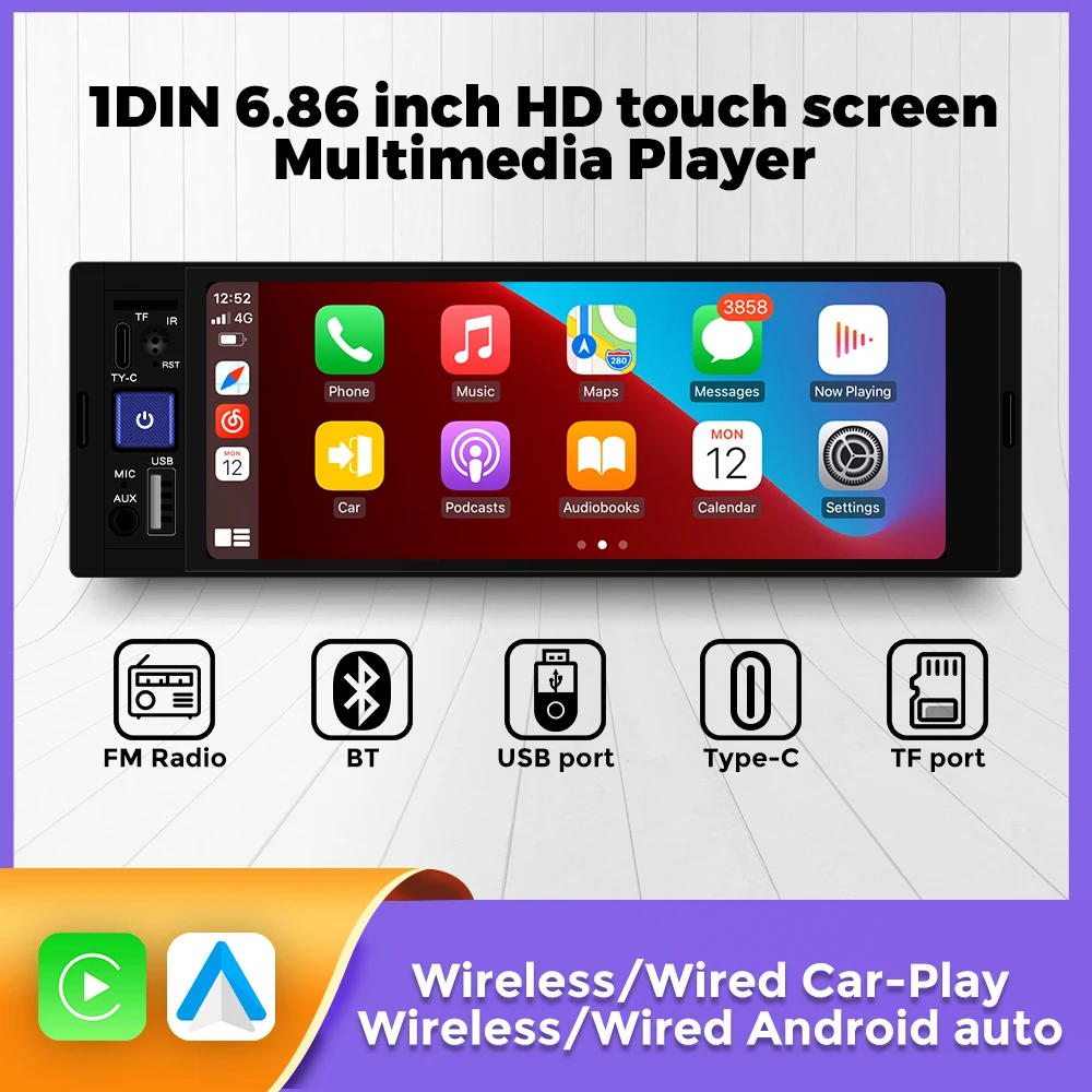 For Universal 1DIN MP5 Player 6.86inch HD touch Screen Car Radio Multimedia Player Autoradio For Carplay Android Auto FM BT USB
For Universal 1DIN MP5 Player 6.86inch HD touch Screen Car Radio Multimedia Player Autoradio For Carplay Android Auto FM BT USB