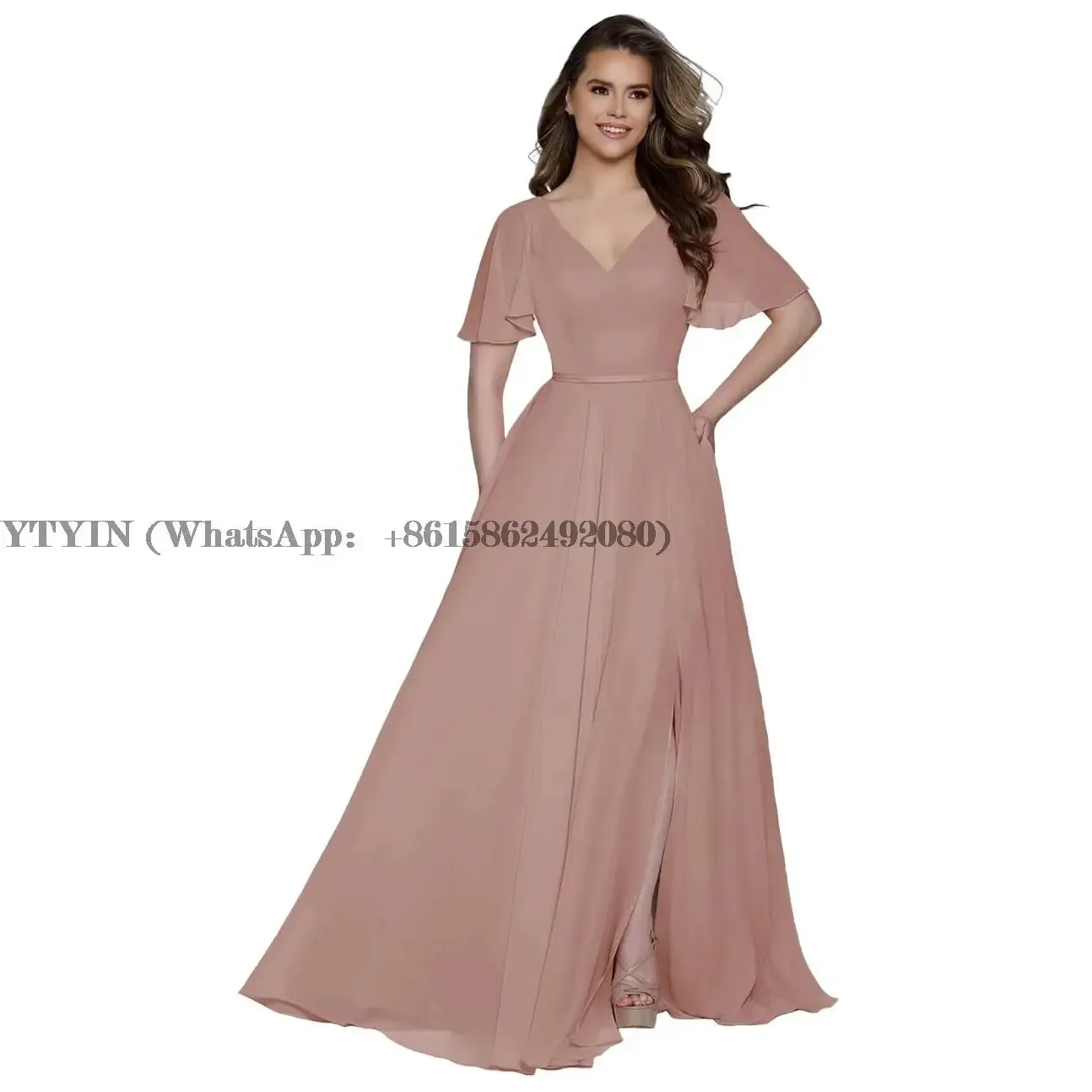

V Neck Bridesmaid Dresses Chiffon A Line Evening Dresses Wedding Guest Dresses with Slit and Sleeve for Women