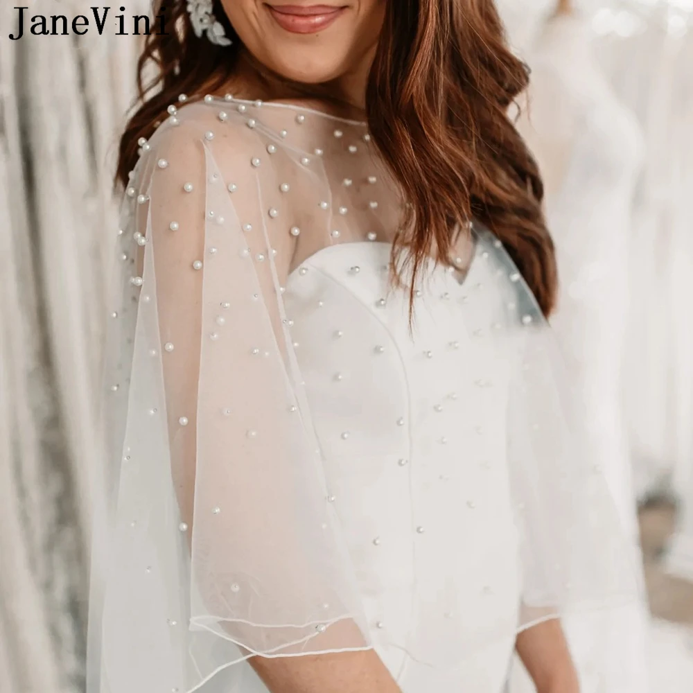 

JaneVini Pearls Sheer Bride Tulle Cape De Mariage White Summer Wedding Dress Shawl Ivory Bridal Wraps Shrugs Bolero Novia Boda
