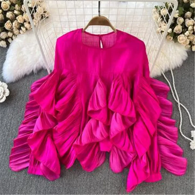 

Women Spring Autumn Blouse New European American Vintage Round Neck Ruffle Loose Long Sleeved Foreign Style Irregular Top