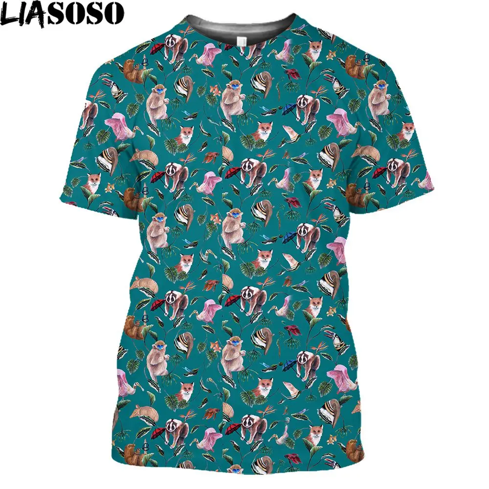 

LIASOSO 3D Print Men's Women's Summer T-shirt Small Floral Fox Golden Monkey Casual Street Shopping Cute Animal Couple O-neck Te