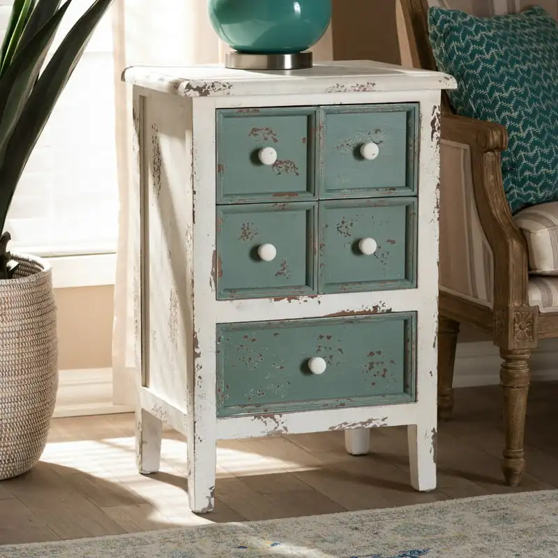 Angeline Antique French Cottage Distressed White and Teal Finished Wood 5-Drawer Chest
Angeline Antique French Cottage Distressed White and Teal Finished Wood 5-Drawer Chest