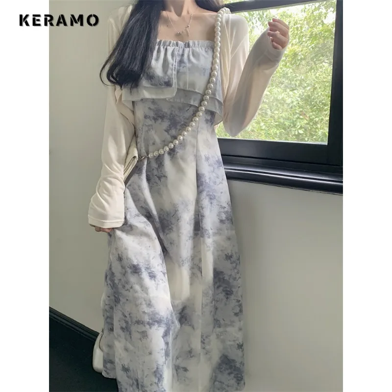 

2024 Summer Fairy Slash Neck Floral Print Suspender Dresses Women's Sweet Style High Waist Chiffon Slim Fit Elegant Dress