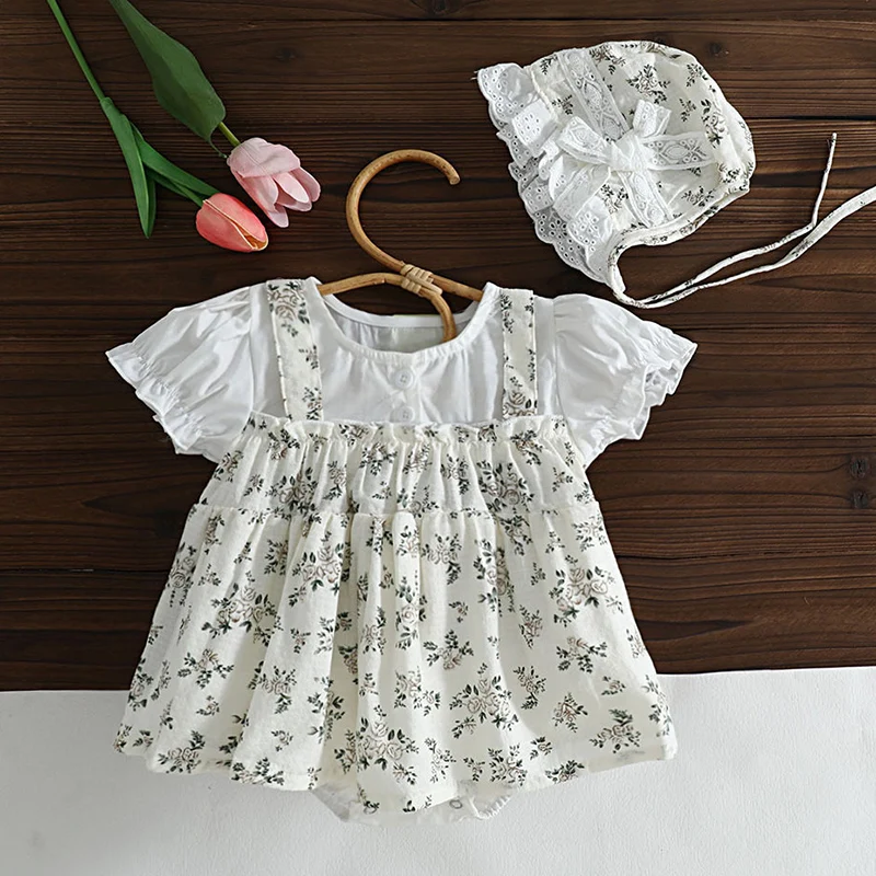 

2024 New Summer 0-24M Baby Clothes Infant Baby Girls Bodysuits+Hat Short Sleeved Cotton Print Splicing Toddler Baby Jumpsuit