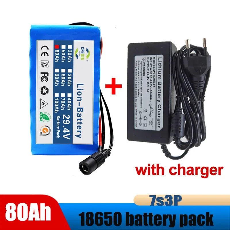 Electric Bike Moped 24V 80Ah 7S3P 18650 Li-ion Battery Pack 29.4V 80000mAh Electric Scooter Li-Ion Battery Pack + 2A Charger
Electric Bike Moped 24V 80Ah 7S3P 18650 Li-ion Battery Pack 29.4V 80000mAh Electric Scooter Li-Ion Battery Pack + 2A Charger