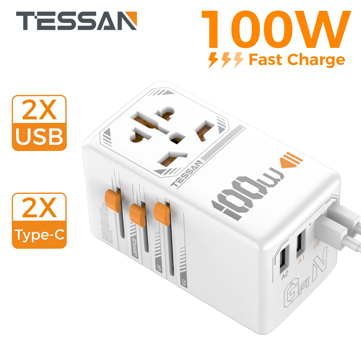 

TESSAN 35W/65W/100W GaN Universal Travel Adapter with USB Ports Type C Fast Charging Power Adapter EU/UK/USA/AUS Plug for Travel
