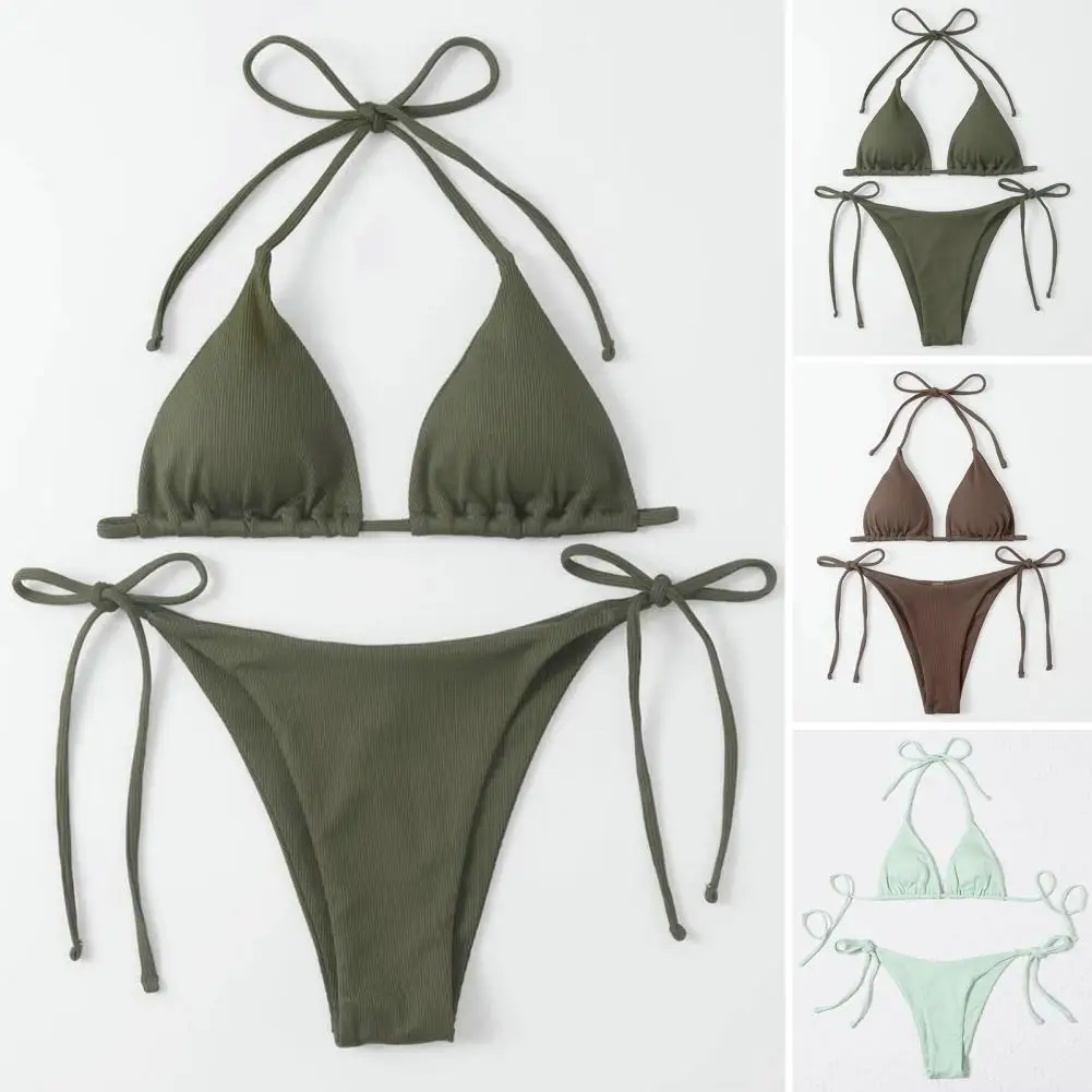 

2Pcs/Set Charming Women Swimsuit Anti-pilling Split Swimwear Ribbed Sexy Triangle Top Thong Bikini Set Push-up