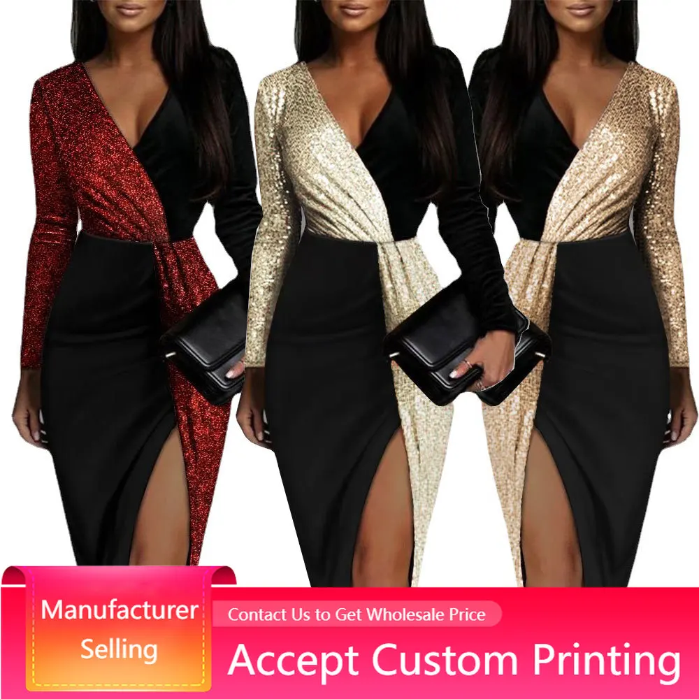 Womens Dresses Color-Blocked High Waist Party Evening Midi Dresses Sequins Long Sleeve Prom Slit Dress Deep V-Neck Dresses
Womens Dresses Color-Blocked High Waist Party Evening Midi Dresses Sequins Long Sleeve Prom Slit Dress Deep V-Neck Dresses
