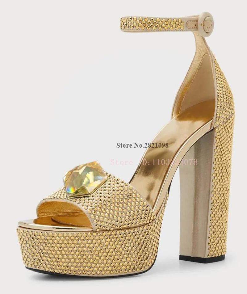 

Gold Round Toe 135Mm Heeled Glitter Sandals with Platform Full Rivet Women High Heels Chunky High Heel Ankle Strap Summer Shoes