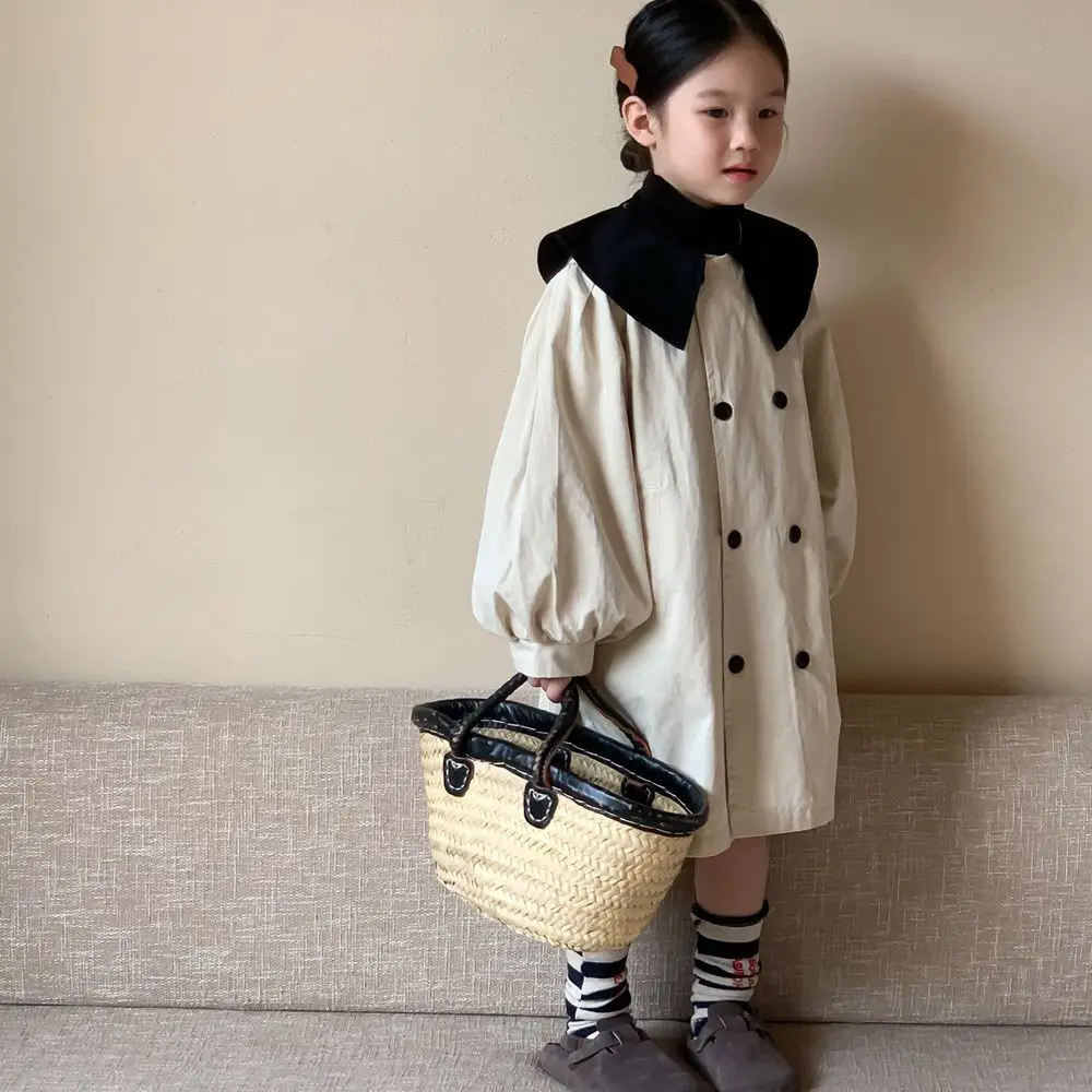 

Kids Boutique Clothes Baby Girl Trench Coat 2023 New Autumn Korean Contrast Color Turn Down Collar Double-breasted Bubble Sleeve