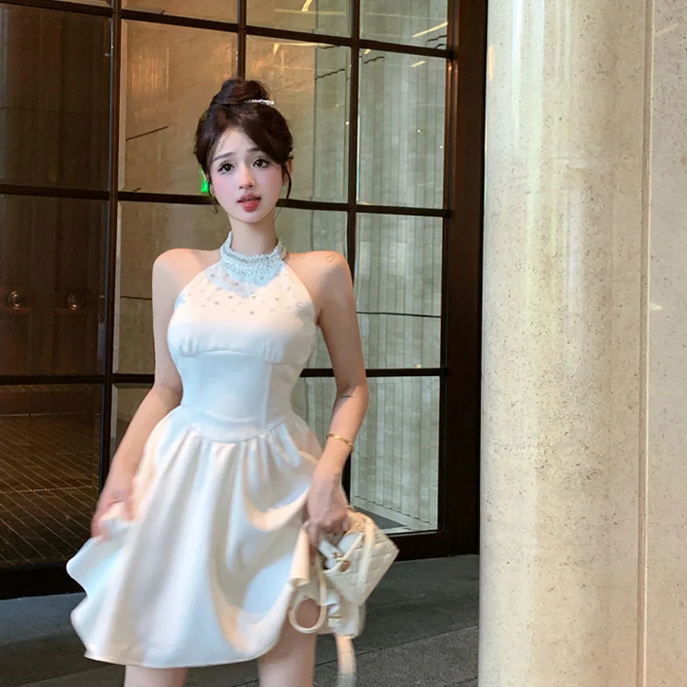 

High Quality Beading Elegant Sleeveless Dress Women Sexy Halter French Style Party Dress for girls Chic Summer Lady Mini Dresses