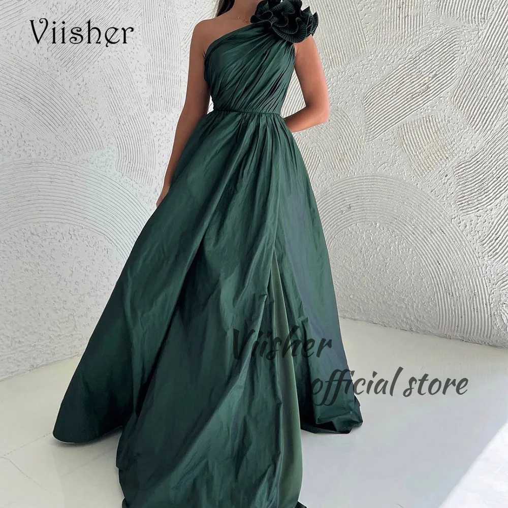 

Viisher Deep Green Taffeta One Shoulder Evening Dresses Pleats A Line Long Dubai Arabic Prom Dress Floor Length Formal Gowns