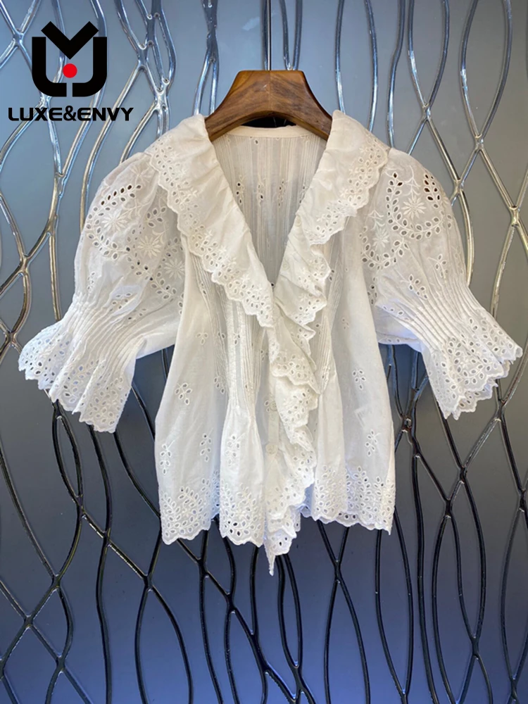 LUXE&ENVY 2023 Summer New Women's Bubble Sleeve Hollow Ruffle Edge Fashion Shirt Top 2023 Autumn 
LUXE&ENVY 2023 Summer New Women's Bubble Sleeve Hollow Ruffle Edge Fashion Shirt Top 2023 Autumn