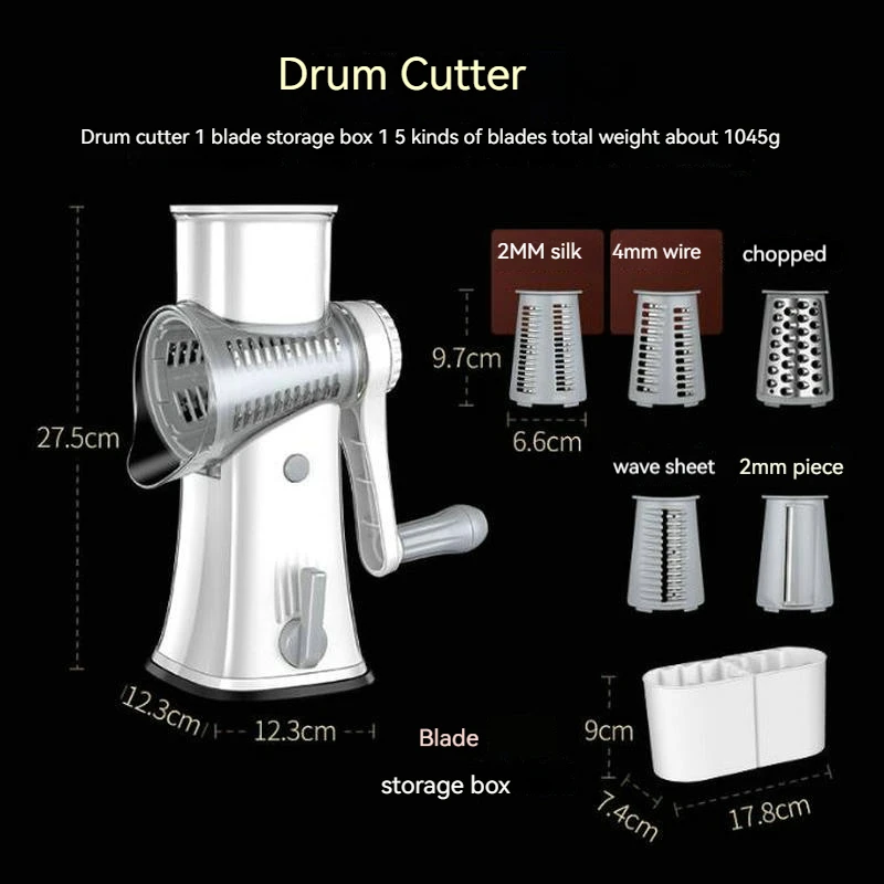 Hand chopping tool Rotary drum chopping machine Kitchen three-in-one grater for slicing, slicing and grinding
Hand chopping tool Rotary drum chopping machine Kitchen three-in-one grater for slicing, slicing and grinding