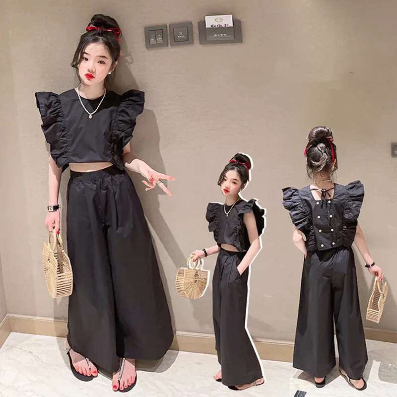 

2023 Summer Fashion Teenage StreetWear Korean Oufits Fly Sleeve Top+Wide Leg Pants Two Pieces Children Costumes Kids Girls Set
