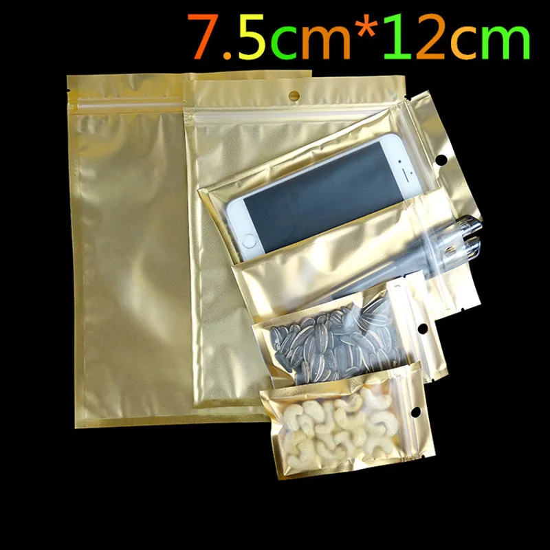 

DHL 7.5cm*12cm Golden / Clear Self Seal Party Zipper Plastic Retail Packing Pack Bag, Zip Lock Bag Retail Package With Hang Hole