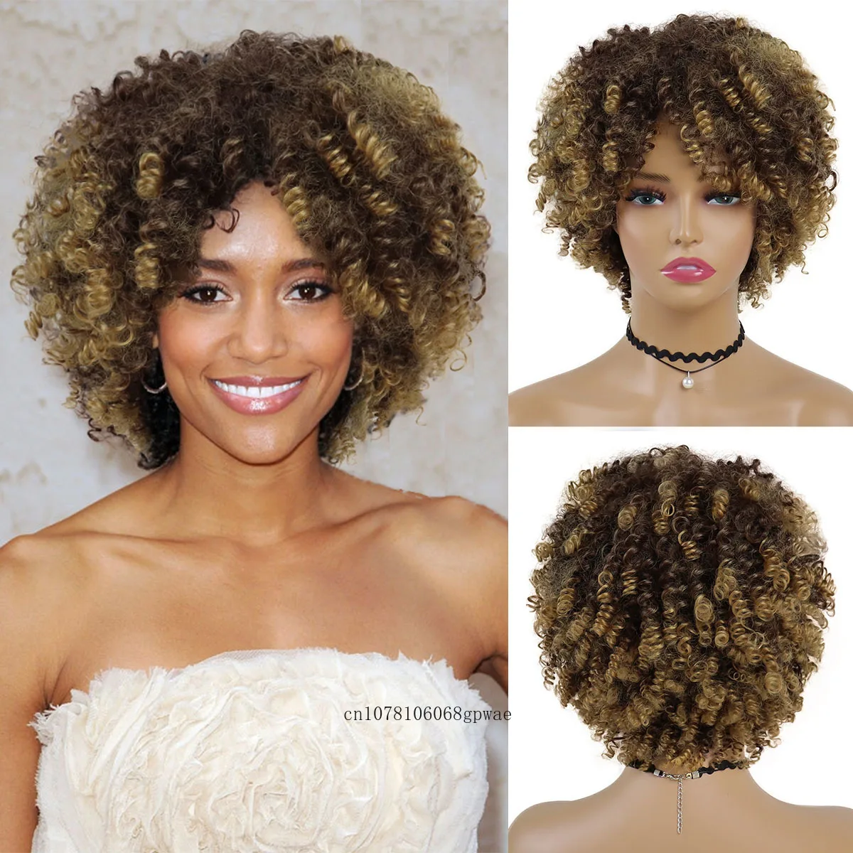 

Synthetic Bob Wig Short Ombre Brown Blonde Wigs for Women Afro Kinky Curly Wig with Bangs Fluffy Natural Daily Heat Resistant