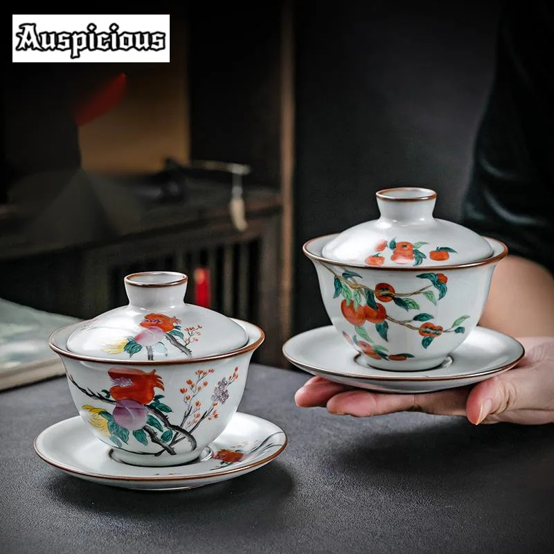 

220ml Pure Hand Painted Persimmon Gaiwan Ice Cracked Glazed Ru Porcelain Tea Tureen Tea Maker Cover Bowl Cha Tea Services Craft