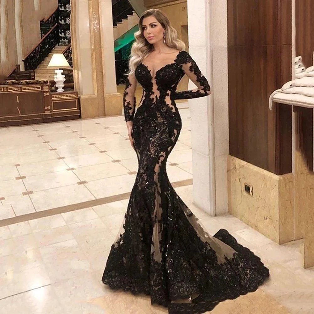 

New Fashion Black Mermaid Women Evening Dresses Lace Court Train Long Sleeves Prom Party Gowns Vestido De Noche robes de soirée