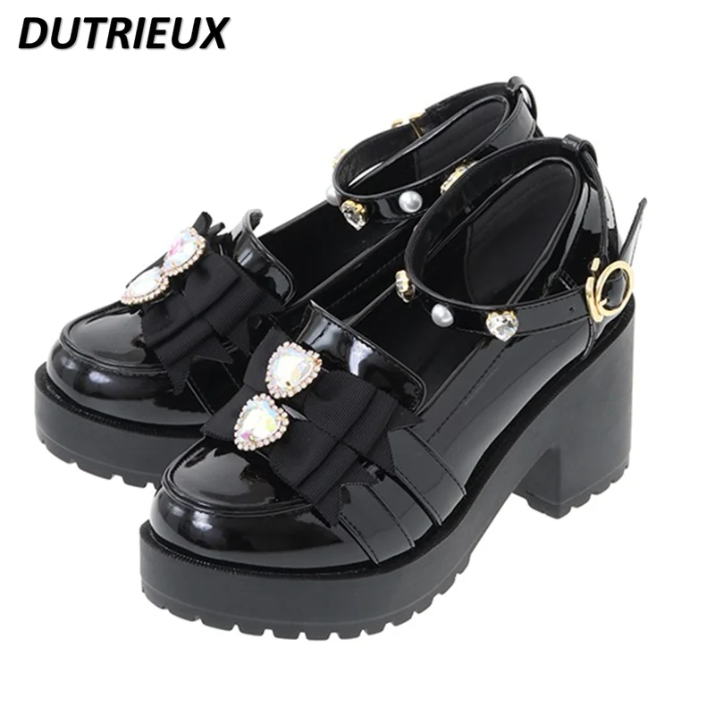 

2024 Spring Summer New Rhinestone Flower Knot Muffin Shallow Mouth Round Head Chunky Heel Women's Sweet Cute Platform Shoes