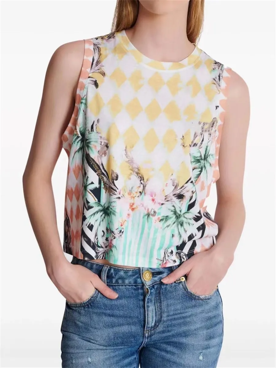 

2024 Fashion Summer Ladies T-shirt Cotton Printed Sleeveless Women's Tops Letter Embellished Women's clothing sales traf