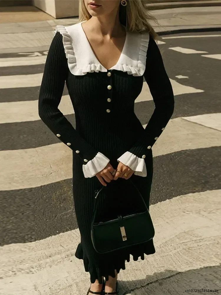 Women Elegant Ruffled Sweater Dress Sexy Long Sleeve Button Slim Knitted Midi Dresses Autumn Winter 2024 Vintage Party Vestido
Women Elegant Ruffled Sweater Dress Sexy Long Sleeve Button Slim Knitted Midi Dresses Autumn Winter 2024 Vintage Party Vestido
