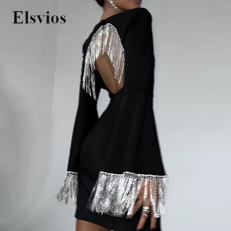 Elegant Sequare Collar Women Mini Dress Sexy Backless Hollow Slim Party Dresses Rhinestone Chain Tassel Design Fashionable Dress
Elegant Sequare Collar Women Mini Dress Sexy Backless Hollow Slim Party Dresses Rhinestone Chain Tassel Design Fashionable Dress
