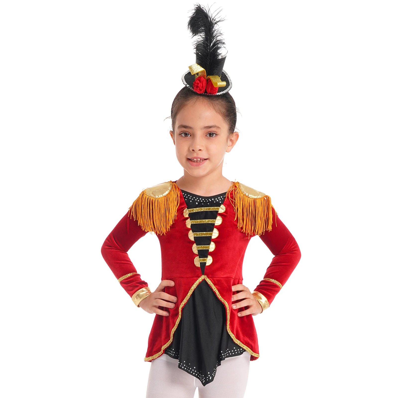 

Kids Girls Circus Ringmaster Cosplay Costume Long Sleeves Tassels Adorned Dip Hem Bodysuit Halloween Carnival Theme Party Dress