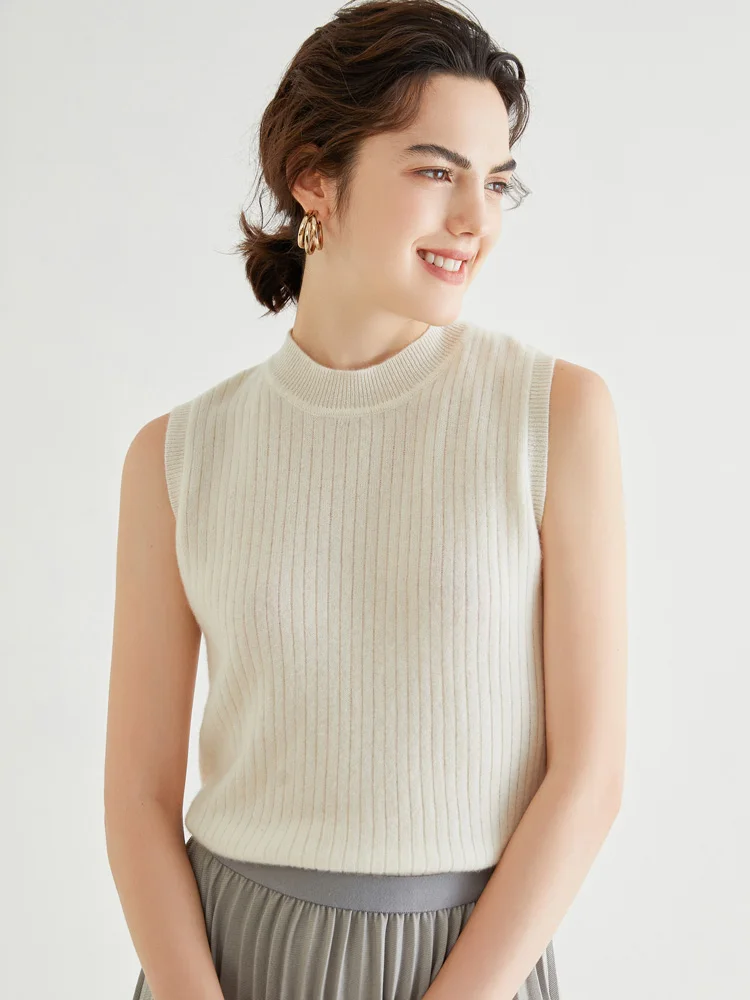 

New Women Mock-neck Sleeveless Sweater Simple Style Solid Soft Vest 100% Cashmere Knitwear Pullover Spring Summer Korean Tops