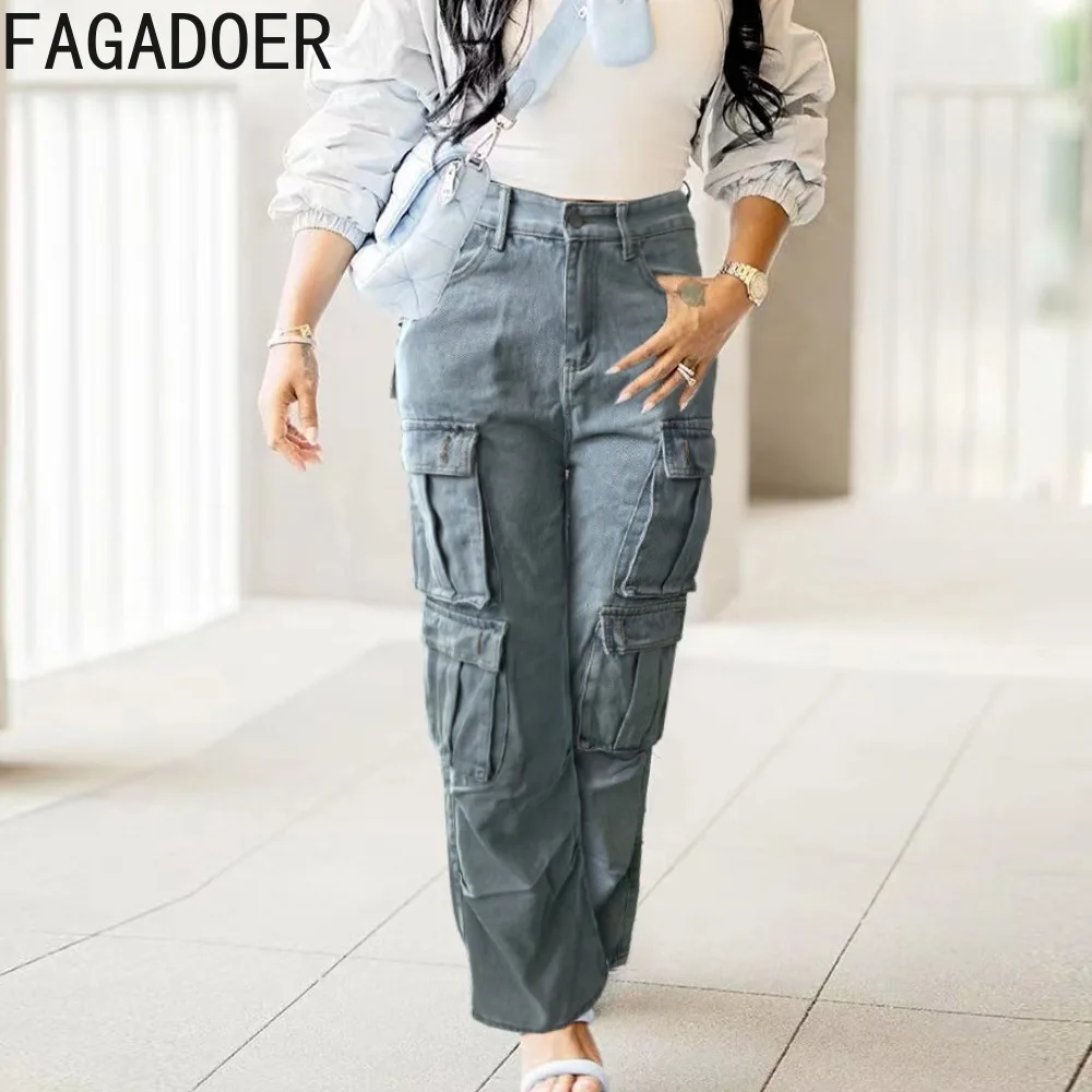 

FAGADOER Fashion Denim Pocket Cargo Wide Leg Pants Women High Waisted Button Straight Jean Trousers Female Cowboy Bottoms 2024