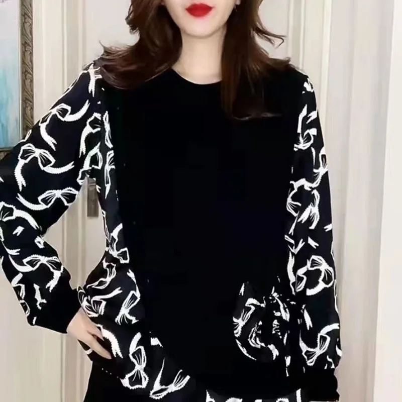 

Fashion O-Neck Printed Spliced Fake Two Pieces Blouse Women Clothing 2023 Autumn New Casual Pullovers Asymmetrical Commute Shirt