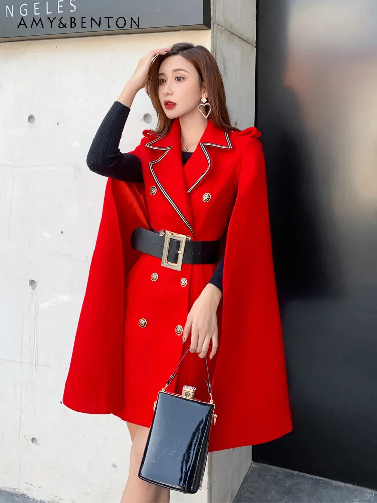 

Elegant Cloak Woolen Coat Autumn and Winter Female British Style Double Breasted Suit Collar Mid-length Woolen Coat Cloak