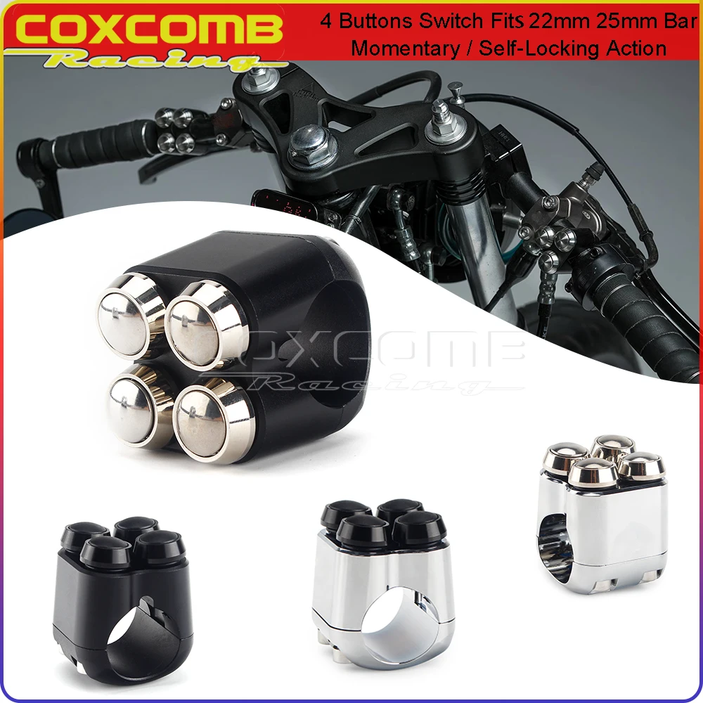 

Momentary Reset Push Button Switch Cafe Racer 7/8" 1" Handlebar Switches Quad 4-Buttons Light Beam Horn Control For Harley BMW