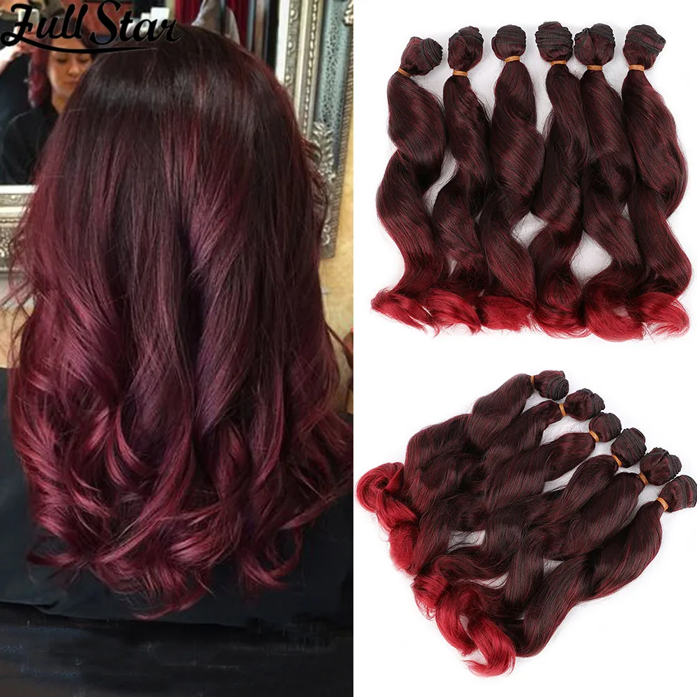 

Full Star 18“Ombre Wavy Hair Loose Wave Hair Weft Synthetic Hair 6Ps/Lot Bundles Black Ombre Burgundy Color Wavy Hair Extensions