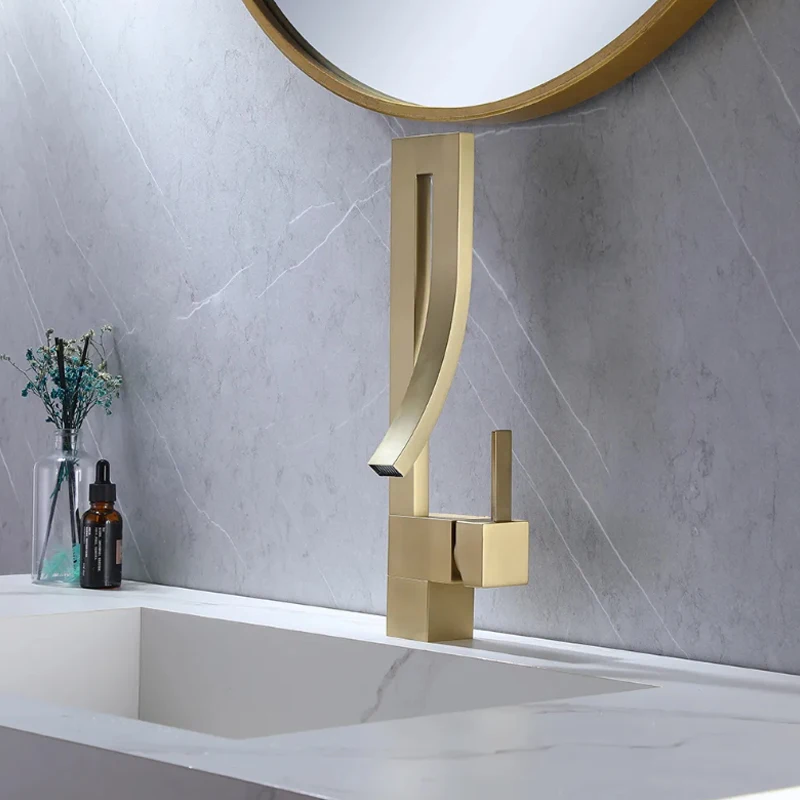 

Brushed Gold Waterfall Bathroom Sink Faucet Black Single Handle Spout Brass Hot Cold Modern Design Widespread Bathroom Faucets