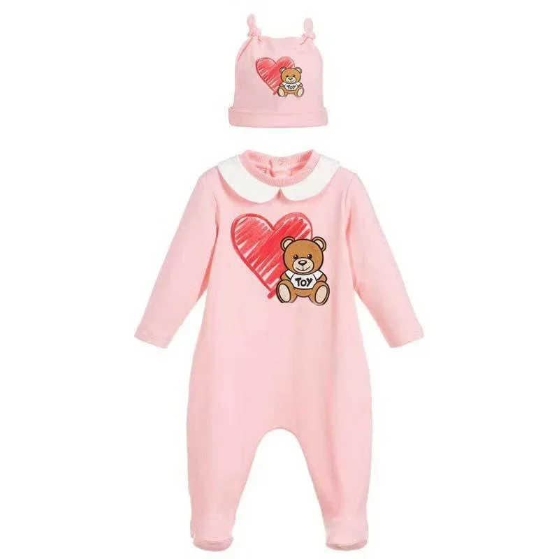 

New 2024 Fashion high quality newborn baby girl clothes Mattresses cartoon bear new born baby boy romper and hat Bibs Set