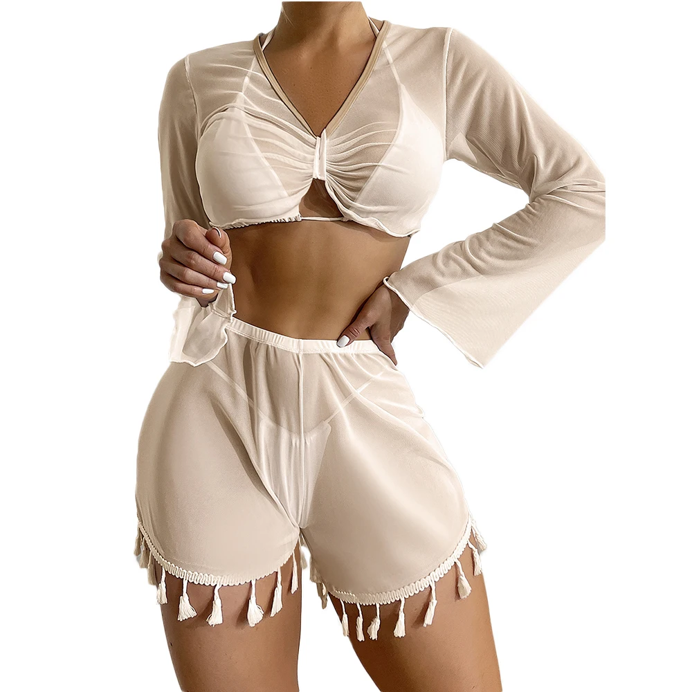 

FS Women Bikinis Set Swimsuits Solid Long Sleeve Transparent Mesh Pleated Cover-Ups Bathing Suits With Fringe 2 Pieces Swimwear