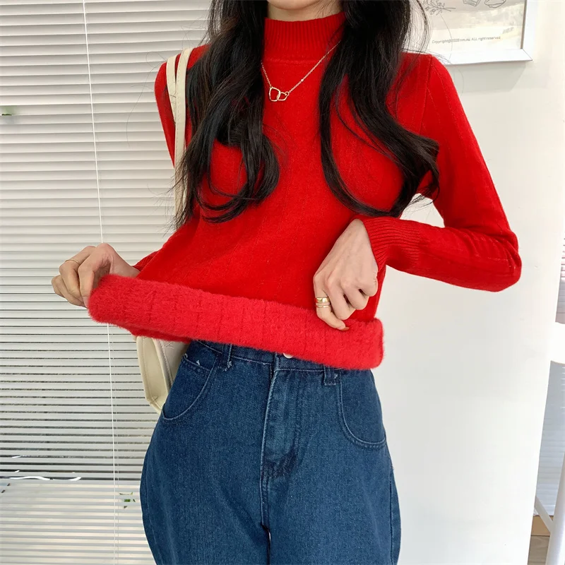 

Korean Style Women Winter Clothes Thick Warm Mink Fur Fleece Slim Knitted Pullovers Turtleneck Female Sweater Lady Basic Shirts
