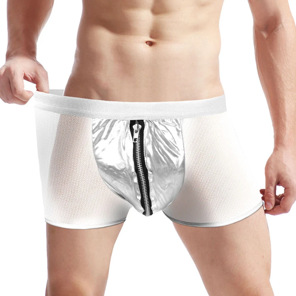 

Men Sexy Faux Leather Sheer Mesh Patchwork Boxer Panties Zip-up Convex Pouch Underpants Perspective Shorts Erotic Lingerie