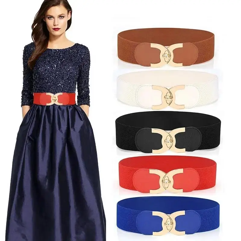 

New Korean Style Windbreaker Elastic Waistband Button Decoration Wide Belt Ladies Belt Alloy Buckle Belt Dress Women Accessory