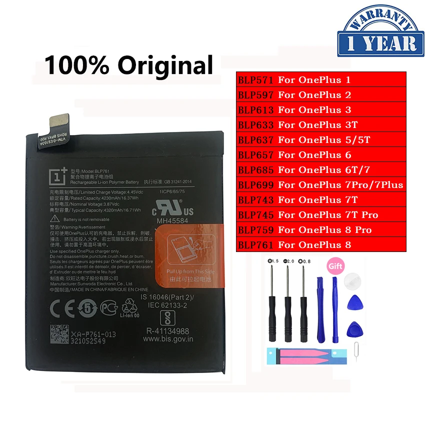 

100% Original Replacement Battery For OnePlus 1+ One Plus 1 2 3 3T 5 5T 6 6T 7 7T 8 Pro Plus 7Plus 7Pro 8Pro Phone Batteries