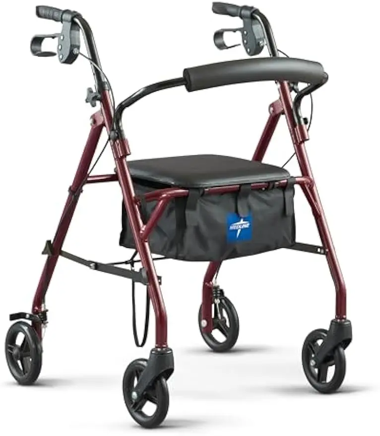 

Medline Rollator Walker with Seat, Steel Rolling Walker with 6-inch Wheels Supports up to 350 lbs, Medical Walker, Burgundy