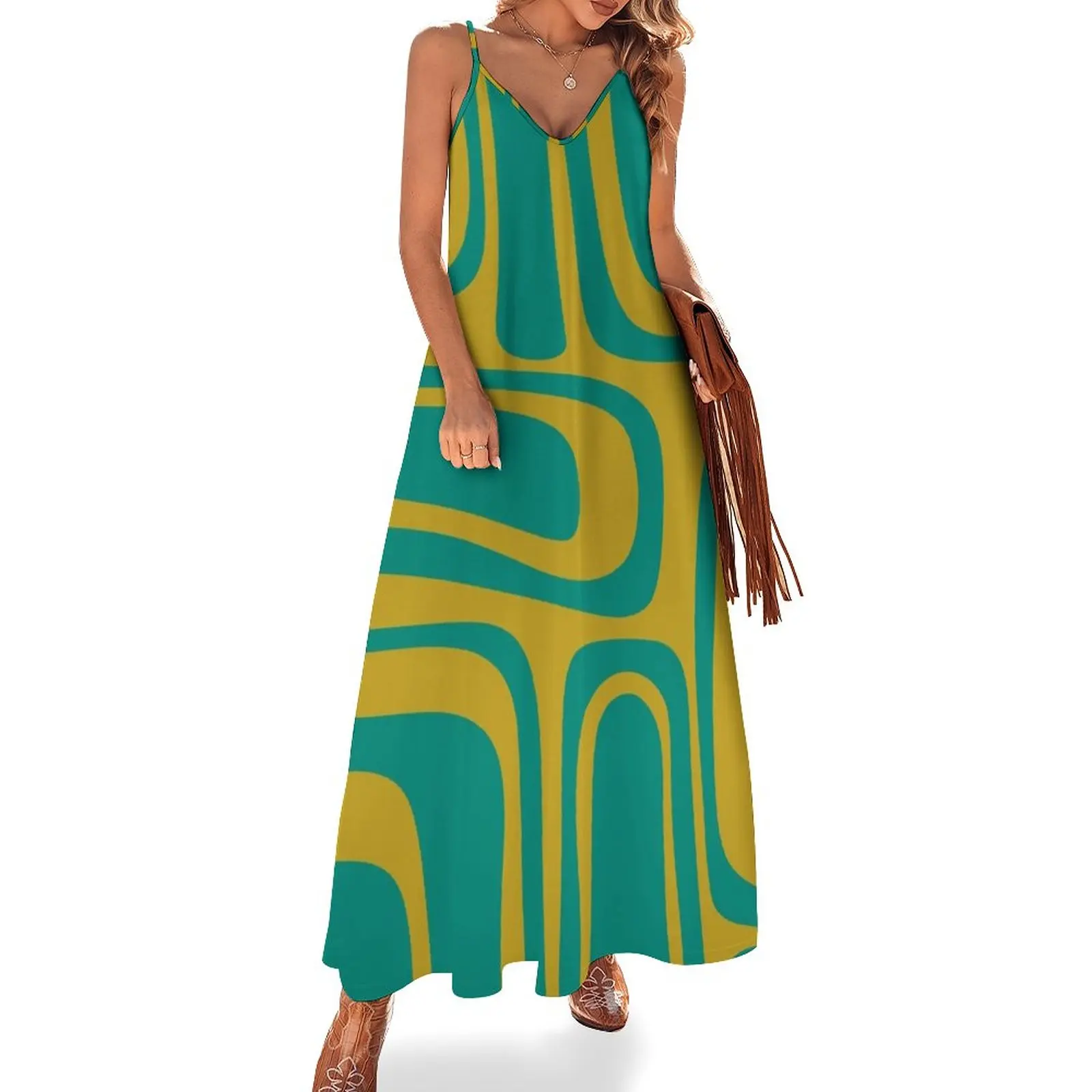 

Palm Springs Retro Midcentury Modern Abstract Pattern in Mid Mod Turquoise Teal and Mustard Sleeveless Dress cute dress