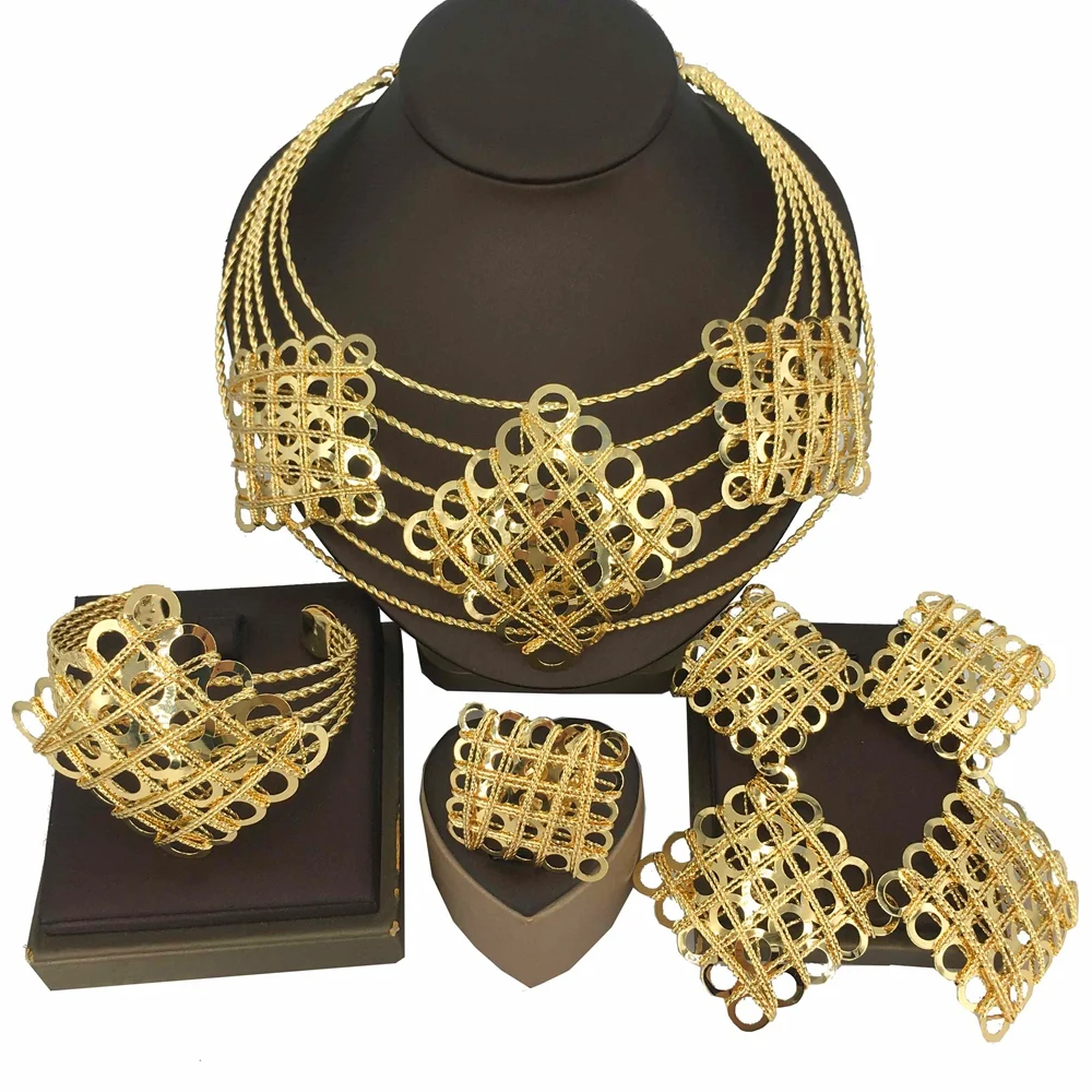 

Yuminglai Brazilian Gold Plated Jewelry Sets For Women 24K Original Luxury Round Necklace Big Wedding Dinner Bijoux FHK16028
