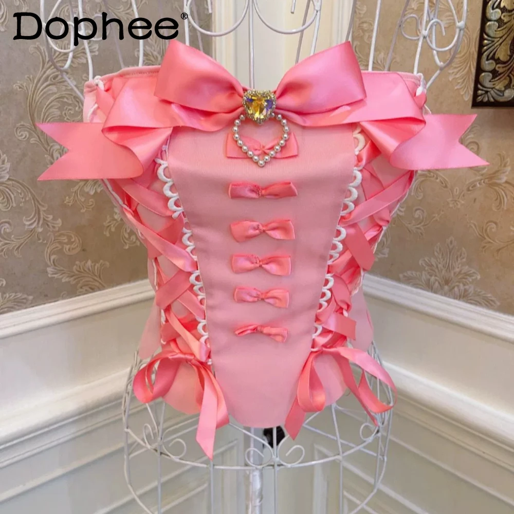 

Lolita Sweet Princess Bow Bandage Love Diamond Petals Wavy Edge Bare Midriff Slim Fit Tube Top Tanks Wrapped Chest Short Slings