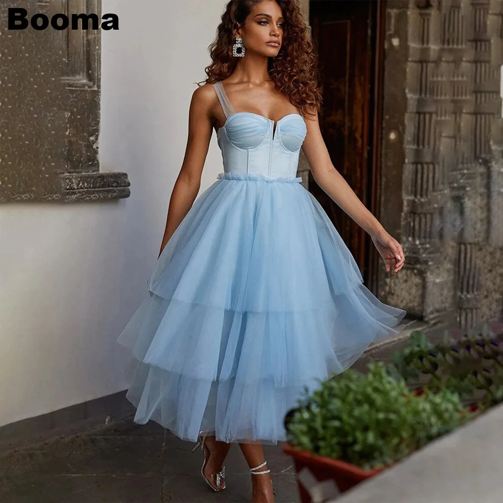 

Booma Light Blue Sweetheart Prom Dresses Ruched Tiered Tulle A-Line Party Gowns Tea-Length Bridesmaid Dress for Wedding Party