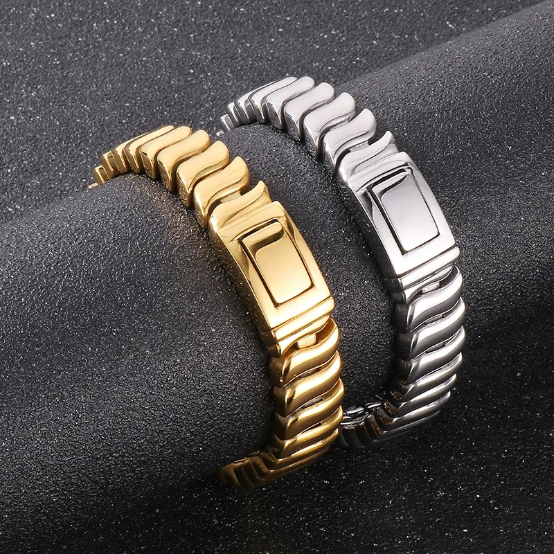 

Simple Wavy Design High Polished Keel Chain Men's Bracelet Stainless Steel Jewelry 12mm 8.66inch Silver Gold Father husband gift