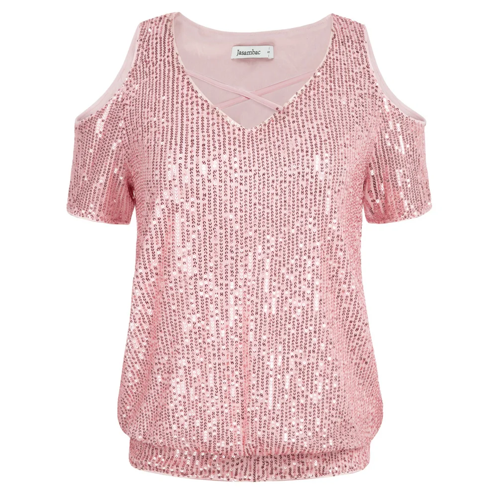 Jasambac Female T Shirt Cold Shoulder Summer New Sequined Tops Short Sleeve V-Neck Party Tops Blouses Femme
Jasambac Female T Shirt Cold Shoulder Summer New Sequined Tops Short Sleeve V-Neck Party Tops Blouses Femme